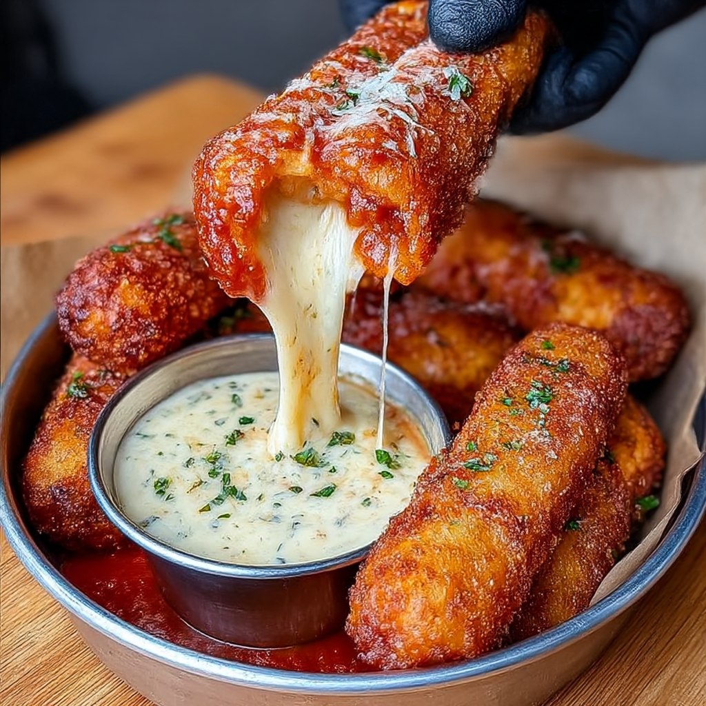 Cheesy mozzarella sticks with marinara on a plate showing crispy golden panko-breaded sticks with stretchy melted mozzarella, side of red marinara sauce, fresh basil