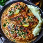 Creamy garlic parmesan chicken breasts on a plate with golden seared chicken in silky white garlic-parmesan sauce, fresh herbs, served with creamy mashed potatoes