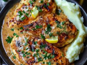 Creamy garlic parmesan chicken breasts on a plate with golden seared chicken in silky white garlic-parmesan sauce, fresh herbs, served with creamy mashed potatoes