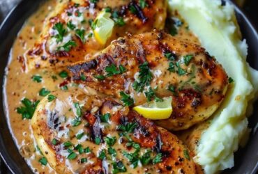 Creamy garlic parmesan chicken breasts on a plate with golden seared chicken in silky white garlic-parmesan sauce, fresh herbs, served with creamy mashed potatoes