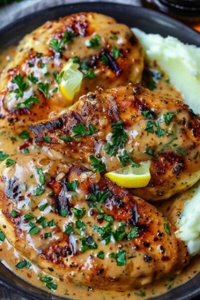Creamy garlic parmesan chicken breasts on a plate with golden seared chicken in silky white garlic-parmesan sauce, fresh herbs, served with creamy mashed potatoes