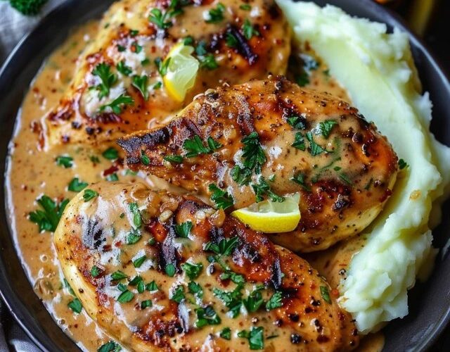 Creamy garlic parmesan chicken breasts on a plate with golden seared chicken in silky white garlic-parmesan sauce, fresh herbs, served with creamy mashed potatoes