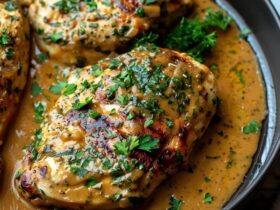 Melt in your mouth chicken breast on a serving plate with juicy baked chicken topped with golden parmesan crust, sour cream coating visible at edges, fresh herbs