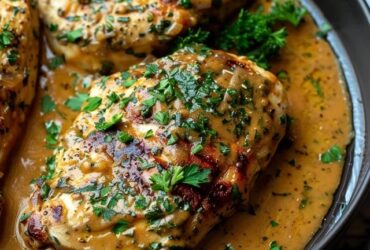 Melt in your mouth chicken breast on a serving plate with juicy baked chicken topped with golden parmesan crust, sour cream coating visible at edges, fresh herbs
