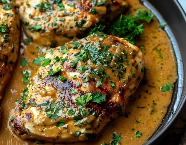 Melt in your mouth chicken breast on a serving plate with juicy baked chicken topped with golden parmesan crust, sour cream coating visible at edges, fresh herbs