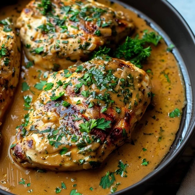 Melt in your mouth chicken breast on a serving plate with juicy baked chicken topped with golden parmesan crust, sour cream coating visible at edges, fresh herbs