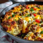 Sausage breakfast casserole in a baking dish with golden browned top, layers of crumbled sausage, fluffy eggs, melted cheddar cheese, cubed bread visible at edges