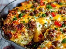 Sausage breakfast casserole in a baking dish with golden browned top, layers of crumbled sausage, fluffy eggs, melted cheddar cheese, cubed bread visible at edges