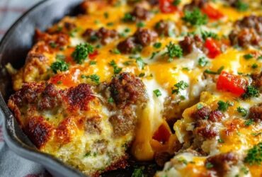 Sausage breakfast casserole in a baking dish with golden browned top, layers of crumbled sausage, fluffy eggs, melted cheddar cheese, cubed bread visible at edges