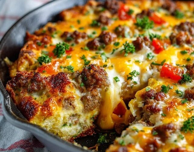 Sausage breakfast casserole in a baking dish with golden browned top, layers of crumbled sausage, fluffy eggs, melted cheddar cheese, cubed bread visible at edges