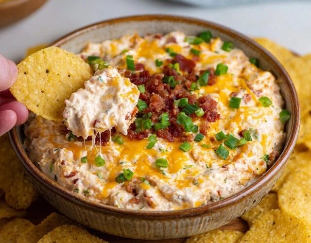 Cheesy bacon ranch dip in a baking dish with golden bubbling cheese top, crispy bacon crumbles, green chive sprinkles, chips and crackers around for dipping