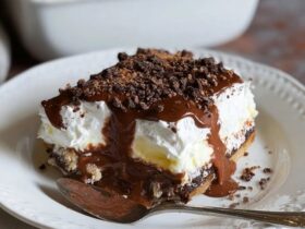 Chocolate lasagna dessert squares on a plate showing distinct layers of Oreo crust, cream cheese, chocolate pudding, whipped Cool Whip topping, chocolate shavings