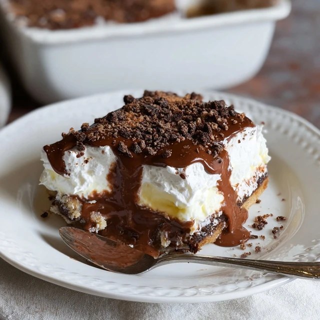 Chocolate lasagna dessert squares on a plate showing distinct layers of Oreo crust, cream cheese, chocolate pudding, whipped Cool Whip topping, chocolate shavings