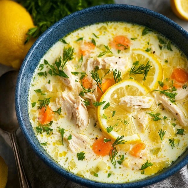 Lemon chicken soup in a white bowl with shredded chicken, orzo pasta, silky lemon-egg broth, lemon slices, fresh dill garnish, golden surface from emulsified egg