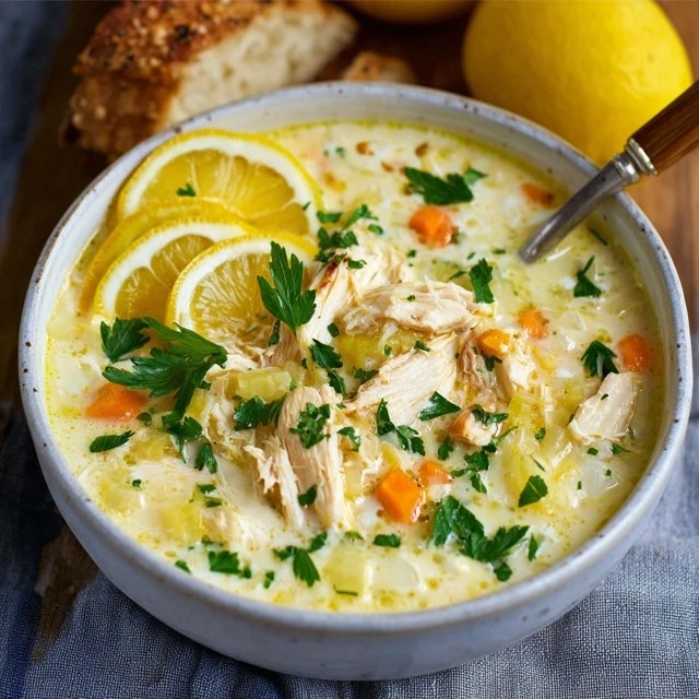 Close-up of avgolemono soup showing creamy pale-yellow broth thickened with egg, tender shredded chicken, plump orzo, bright lemon zest, fresh dill leaves
