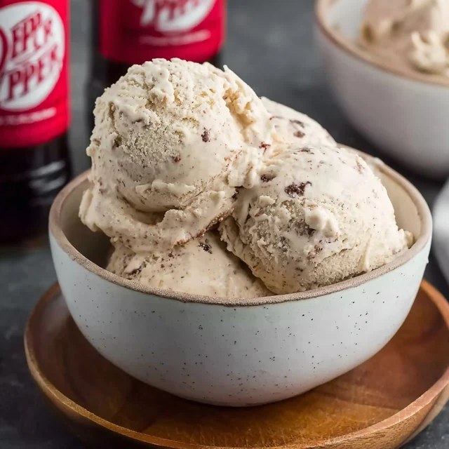 Dr Pepper ice cream scooped into a waffle cone with creamy beige-pink color, soda-reduction swirl visible, drip on side, cherry on top, dark soda in glass behind