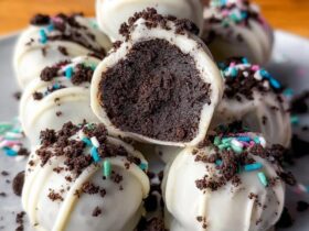 Oreo truffles dipped in white chocolate on parchment paper, glossy white chocolate coating, dark Oreo crumb sprinkles on top, some cut open showing creamy center