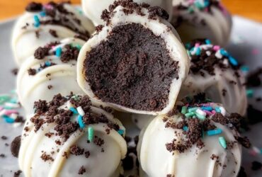 Oreo truffles dipped in white chocolate on parchment paper, glossy white chocolate coating, dark Oreo crumb sprinkles on top, some cut open showing creamy center