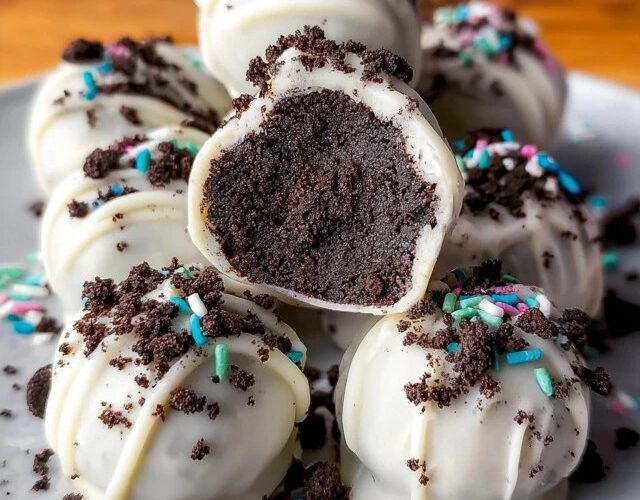 Oreo truffles dipped in white chocolate on parchment paper, glossy white chocolate coating, dark Oreo crumb sprinkles on top, some cut open showing creamy center