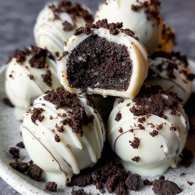 Close-up of Oreo truffle bitten in half showing dark cookie-and-cream-cheese center, smooth white chocolate shell, drizzled milk chocolate on top