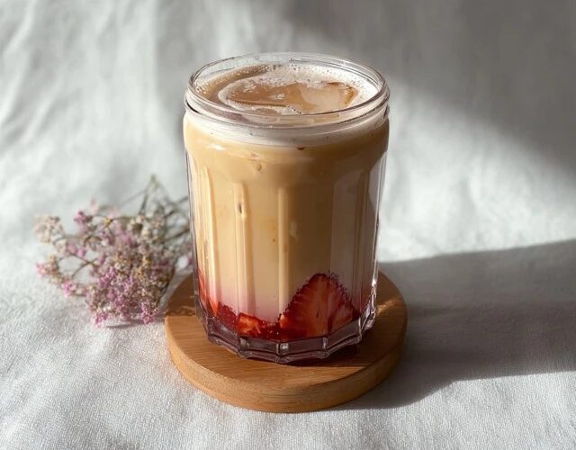 Strawberry iced milk tea in a tall glass with bright pink strawberry puree at the bottom, creamy milk gradient, ice cubes, tea straw, fresh strawberries on rim