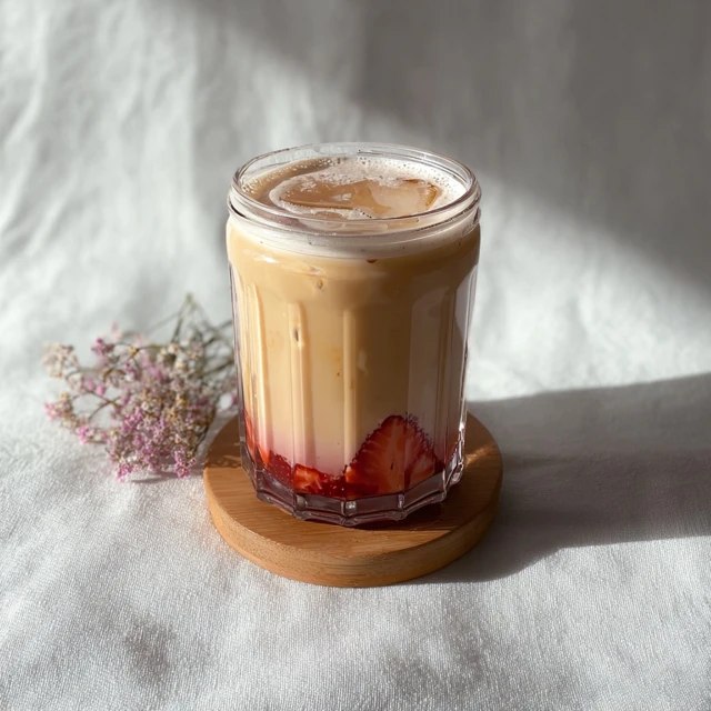 Strawberry iced milk tea in a tall glass with bright pink strawberry puree at the bottom, creamy milk gradient, ice cubes, tea straw, fresh strawberries on rim