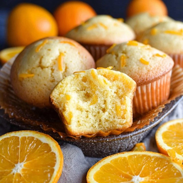 Orange muffins on a wire rack with golden domed tops, orange zest specks visible throughout, soft tender crumb, parchment liners, fresh oranges and zest curls around