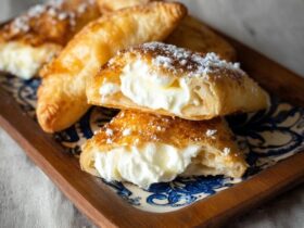 Cream cheese puff pastries on a baking sheet with golden flaky squares, sweetened cream cheese filling in center, dusting of powdered sugar, raspberry on top