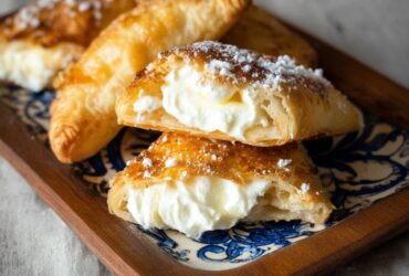 Cream cheese puff pastries on a baking sheet with golden flaky squares, sweetened cream cheese filling in center, dusting of powdered sugar, raspberry on top