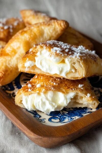 Cream cheese puff pastries on a baking sheet with golden flaky squares, sweetened cream cheese filling in center, dusting of powdered sugar, raspberry on top