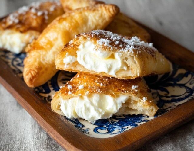 Cream cheese puff pastries on a baking sheet with golden flaky squares, sweetened cream cheese filling in center, dusting of powdered sugar, raspberry on top