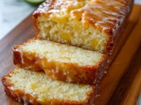 Lemon drizzle cake on a wooden board, sliced loaf showing tender yellow crumb, crackly sugar-lemon glaze top with crystallized texture, lemon slices and zest curls