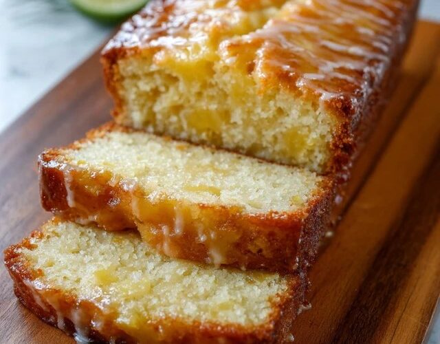 Lemon drizzle cake on a wooden board, sliced loaf showing tender yellow crumb, crackly sugar-lemon glaze top with crystallized texture, lemon slices and zest curls