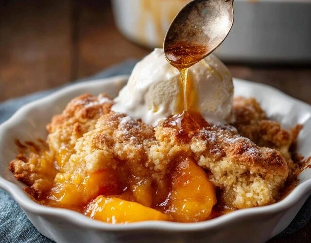 Peach cobbler in a white baking dish with golden buttery biscuit topping, juicy bubbling peach filling, scoop of vanilla ice cream melting on top, cinnamon dusting