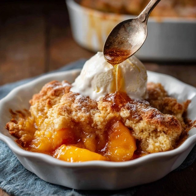 Peach cobbler in a white baking dish with golden buttery biscuit topping, juicy bubbling peach filling, scoop of vanilla ice cream melting on top, cinnamon dusting