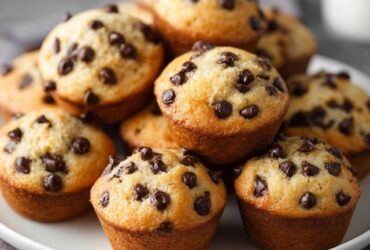 Chocolate chip muffins on a wire rack with tall domed golden tops, chocolate chips peeking through cracks, paper liners, soft tender crumb visible at edge