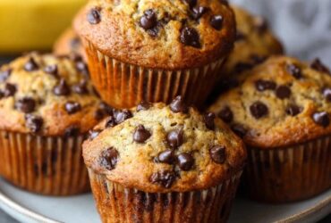 Chocolate chip banana muffins on a wooden board with golden domed tops, brown speckled banana surface, dark chocolate chips visible, ripe bananas in background