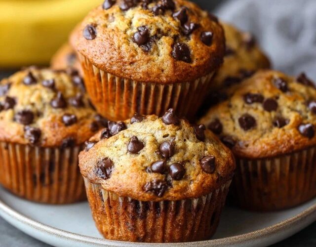 Chocolate chip banana muffins on a wooden board with golden domed tops, brown speckled banana surface, dark chocolate chips visible, ripe bananas in background