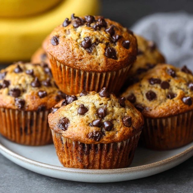 Chocolate chip banana muffins on a wooden board with golden domed tops, brown speckled banana surface, dark chocolate chips visible, ripe bananas in background