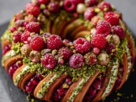Raspberry pistachio bundt cake on a white pedestal with green-tinted pistachio glaze dripping down sides, fresh raspberries on top, chopped pistachios sprinkled, slice cut out
