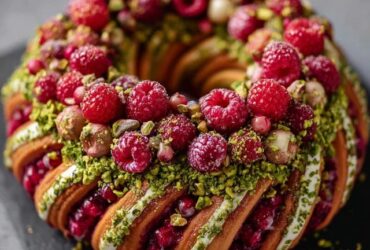 Raspberry pistachio bundt cake on a white pedestal with green-tinted pistachio glaze dripping down sides, fresh raspberries on top, chopped pistachios sprinkled, slice cut out