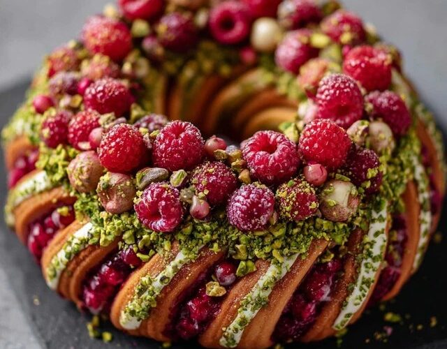 Raspberry pistachio bundt cake on a white pedestal with green-tinted pistachio glaze dripping down sides, fresh raspberries on top, chopped pistachios sprinkled, slice cut out