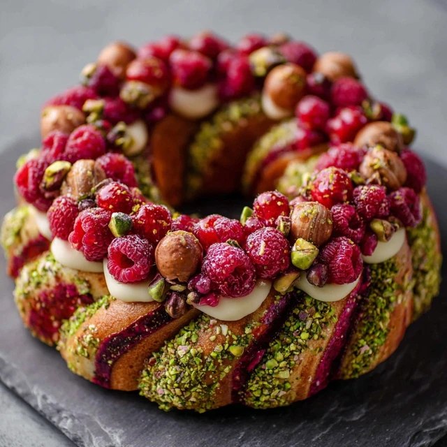 Close-up of bundt cake slice showing green pistachio crumb swirled with bright pink raspberry ribbon, chunks of pistachio, white-green glaze pooling on plate