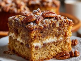 Pecan coffee cake on a cake stand with golden cinnamon streusel top studded with toasted pecans, white drizzle of vanilla glaze, slice removed showing tender swirled crumb
