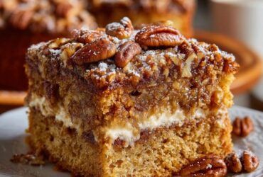 Pecan coffee cake on a cake stand with golden cinnamon streusel top studded with toasted pecans, white drizzle of vanilla glaze, slice removed showing tender swirled crumb