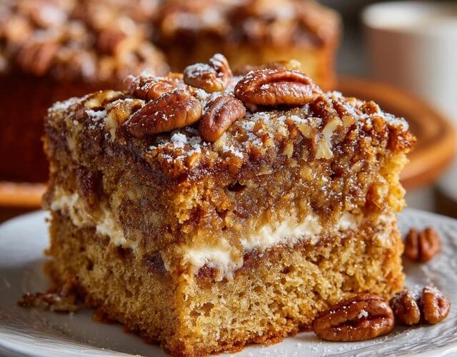 Pecan coffee cake on a cake stand with golden cinnamon streusel top studded with toasted pecans, white drizzle of vanilla glaze, slice removed showing tender swirled crumb