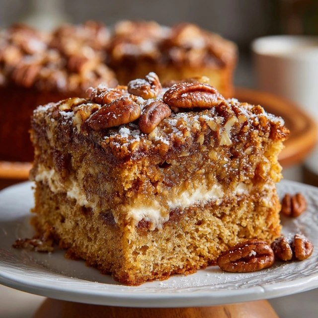 Pecan coffee cake on a cake stand with golden cinnamon streusel top studded with toasted pecans, white drizzle of vanilla glaze, slice removed showing tender swirled crumb