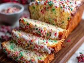 Holiday funfetti bread sliced on a wooden board with rainbow sprinkles visible throughout golden cake, glossy white vanilla glaze on top with more sprinkles, festive setting