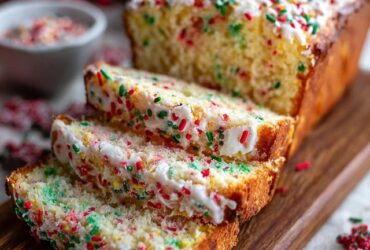 Holiday funfetti bread sliced on a wooden board with rainbow sprinkles visible throughout golden cake, glossy white vanilla glaze on top with more sprinkles, festive setting