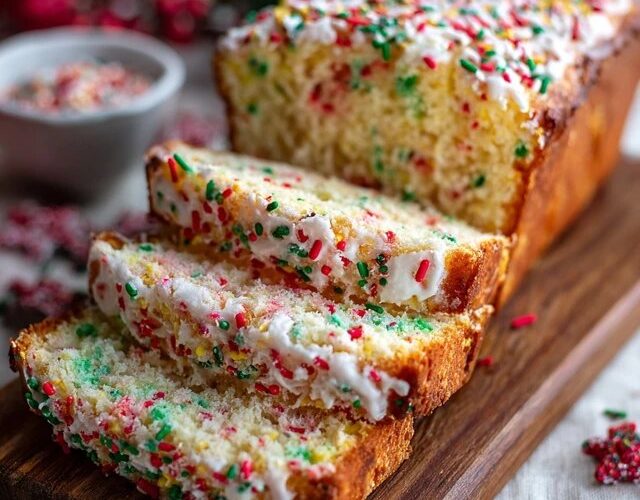 Holiday funfetti bread sliced on a wooden board with rainbow sprinkles visible throughout golden cake, glossy white vanilla glaze on top with more sprinkles, festive setting